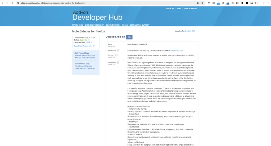 Firefox Add-on Developer Hub on Note Sidebar for Firefox extension