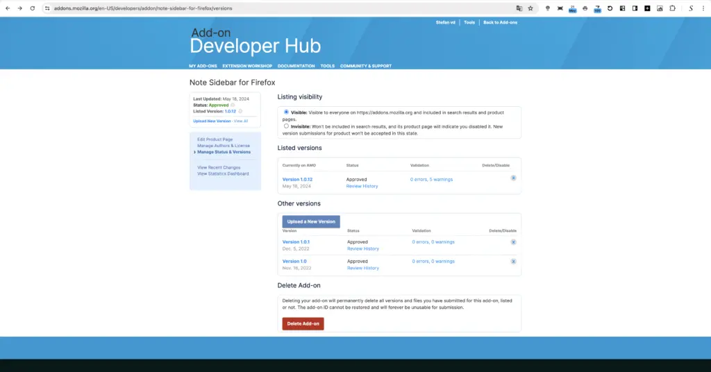 Firefox Add-on Developer Hub on the Manage Status & Versions page