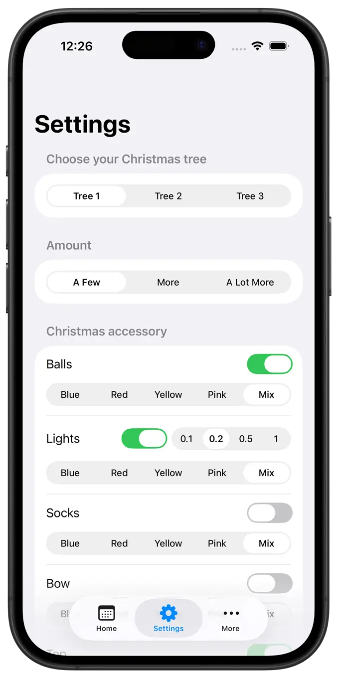 My Christmas Tree settings page