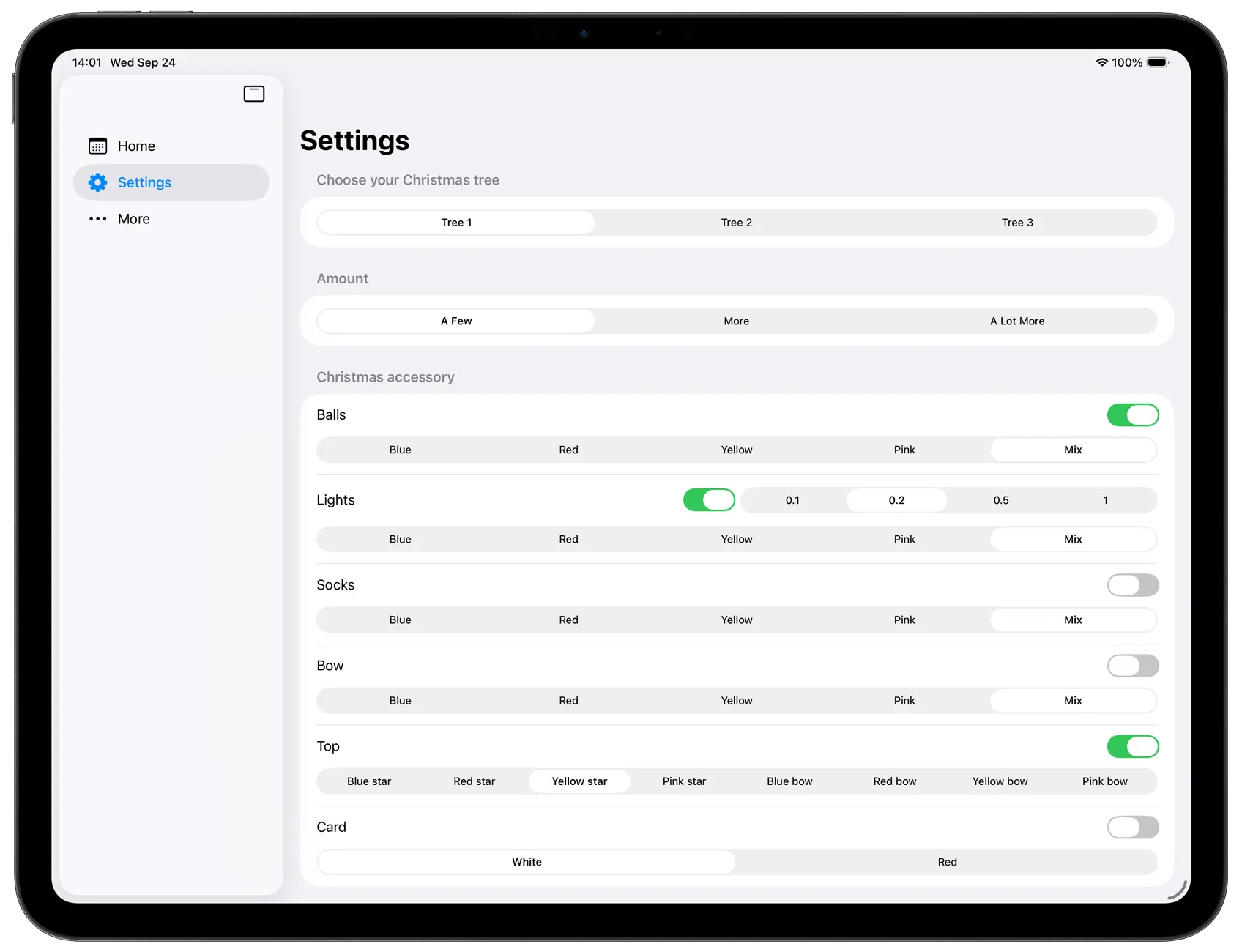 My Christmas Tree app on the Settings page