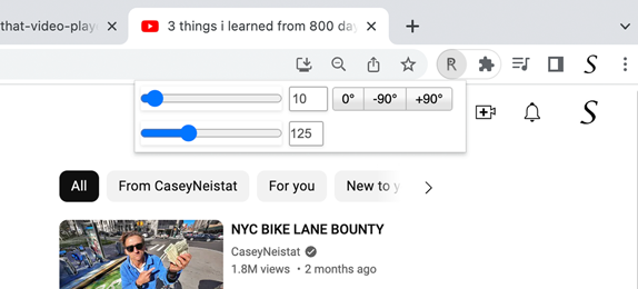 Installed Rotate that Video Player Chrome extension icon visible in the toolbar
