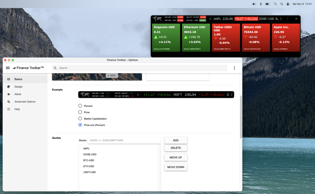 Finance Toolbar app with cryptocurrencies