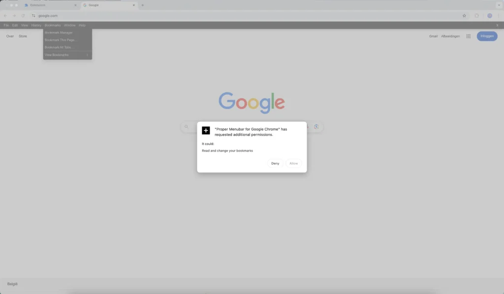 Chrome request permission to allow "bookmarks"