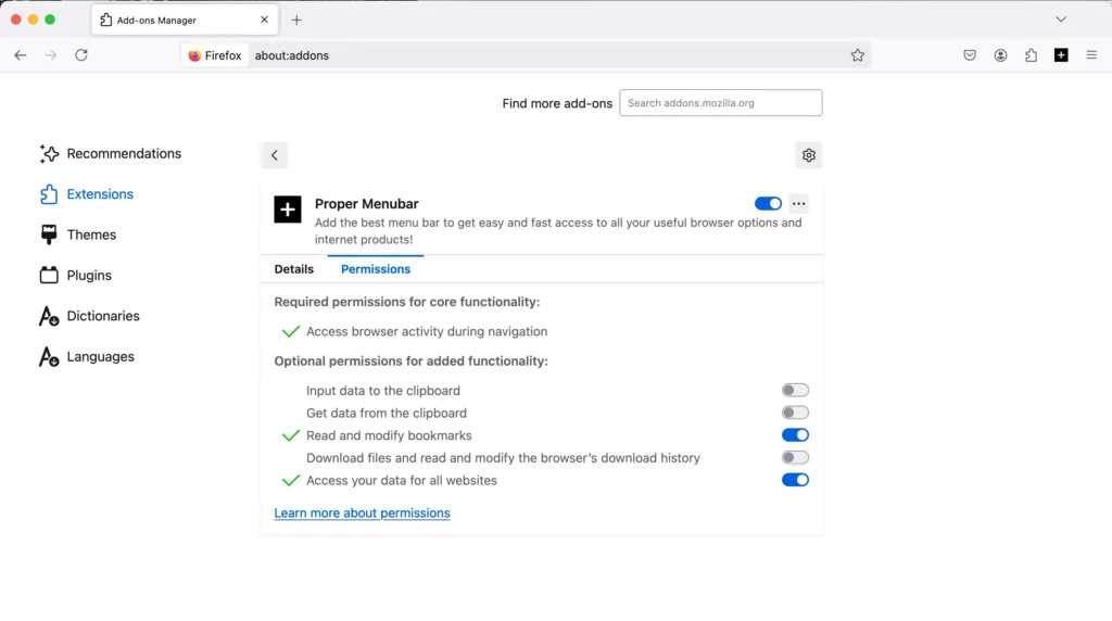 Firefox extension Proper Menubar permissions tab